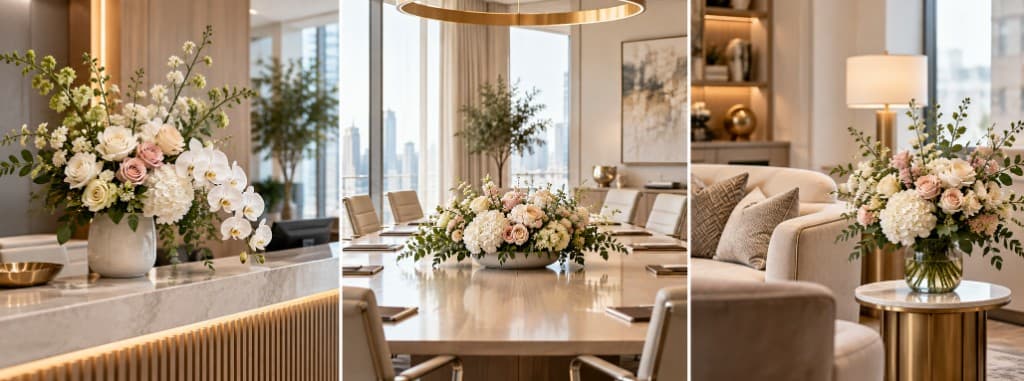 Corporate floral arrangements in a reception area, boardroom, and executive lounge