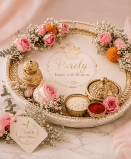 Ceremonial tray with flowers and traditional elements