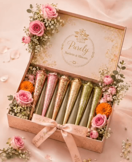 Mehndi gift box with henna cones and florals