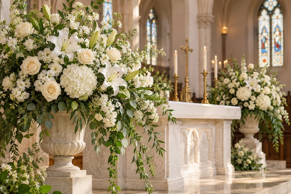White floral arrangements in a church sanctuary